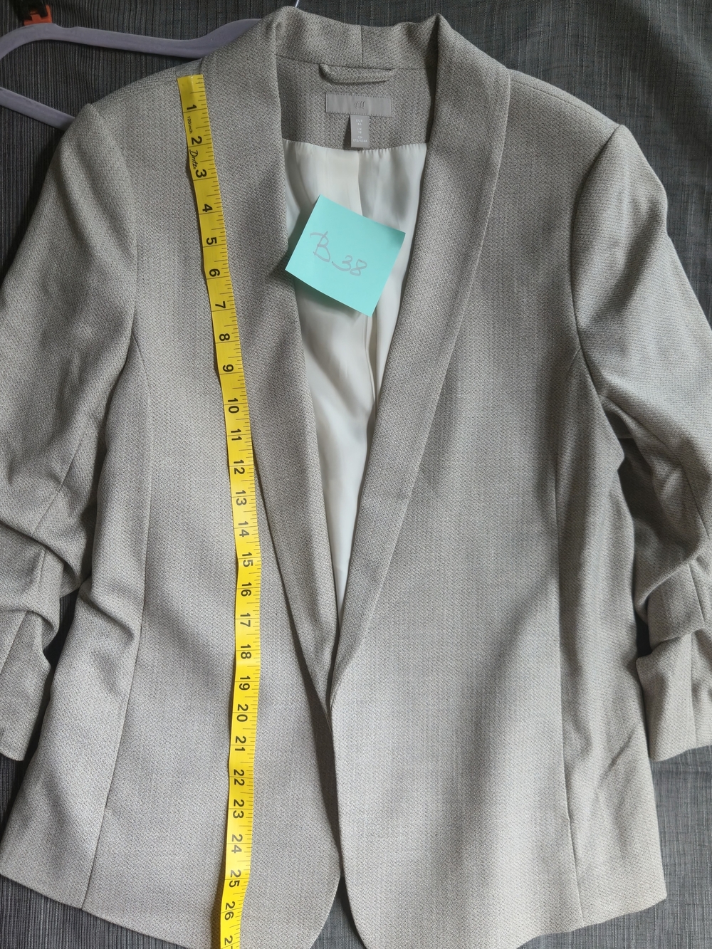 H&M Women's Gray Open Front Lined Blazer Ruched 3/4 Sleeve Regular Fit L EUR 46